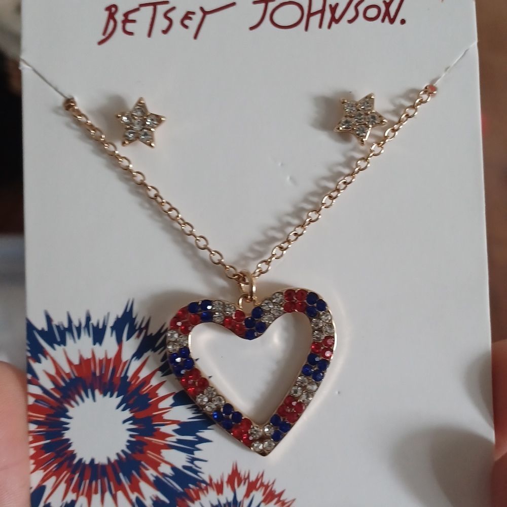 Betsey Johnson Independence Day Pave Heart Necklace & Stud Earrings NWT